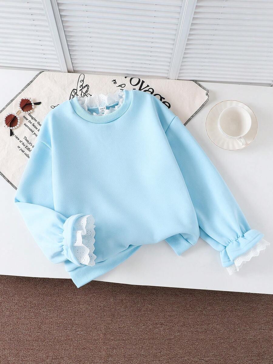 Genkimix Kids Tween Girls Casual Korean Style Patchwork White Lace Embroidered Collar Gathered Flare Lace Cuff Sweatshirt - Baby Blue - View 1
