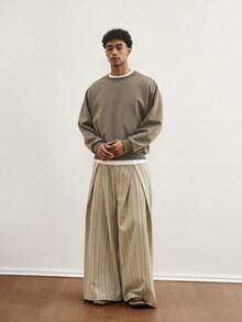 TOKVUE 男士休闲日常条纹宽松褶皱阔腿裤 - 卡其色 - 查看 3