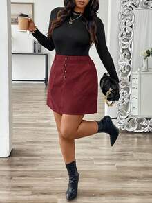 SHEIN LUNE Plus Size Solid Color Corduroy Casual Versatile Skirt With Belt Loop And Button Decor - Red Violet - View 5