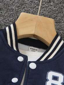 SHEIN 1pc Baby Boy 6M-3T Casual Contrast Color Digit & Letter Print Long Sleeve Jacket, Versatile & Fashionable, Suitable For Daily - Navy Blue - View 4