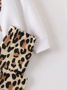 2pcs/Set Young Girls Heart & Leopard Print Comfortable Outfit, Autumn/Winter - White - View 5