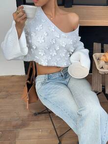 SHEIN Unity Women's V-Neck Dropped Shoulder Long Sleeve Floral Embellished Sweater - Multicolor - View 3