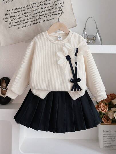 Genkimix Kids 2 件女童杏色花卉 3D 刺绣针织毛衣和黑色 A 字褶裙套装，适合外出、户外、返校、街头服饰