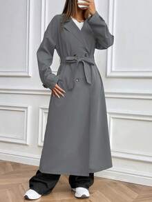 Chiquease Abrigo trench de manga larga minimalista y casual de unicolor para mujer - Gris Claro - Ver 4