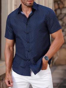 Manfinity Homme Áo sơ mi nam tay ngắn họa tiết hình học thường ngày, mùa hè, dành cho chồng, công sở, đi chơi - Màu xanh hải quân - Xem 6