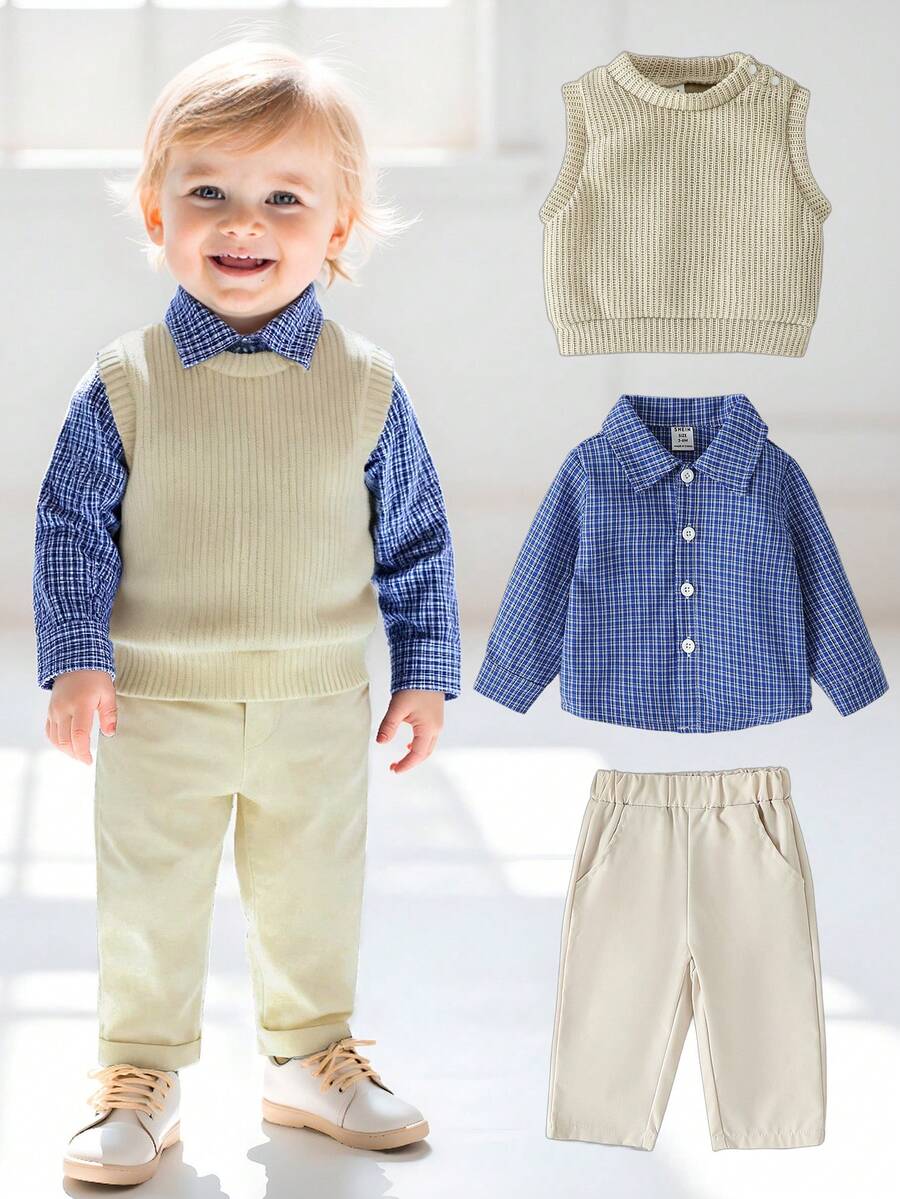 Souflis Souflis Baby Jungen College Stil Langarmhemd, Kontrastfarbene Hose, Gestrickter Weste mit Pony Stickerei komplettes Outfit Set, geeignet für Herbst/Winter, Alltag, Urlaub, Party, Schule, Park