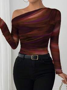 Elenzga 25-30+ Casual Autumn Tie Dye Print Ruffle Shoulder Long Sleeve Elegant Women T-Shirt - Orange - View 6