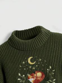 ROMWE Fairycore Suéter de mujer de punto acanalado con bordado de zorro, estilo vintage casual para otoño/invierno - Verde Oliva - Ver 4