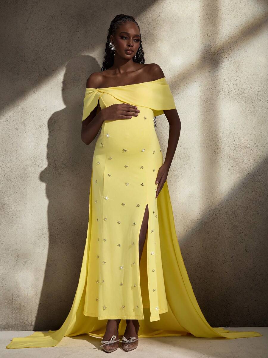 Cheriluna Maternity 优雅奢华亮片装饰高开衩露肩连衣裙,适合派对、晚礼服、孕妇拍摄 - 黃色 - 查看 1