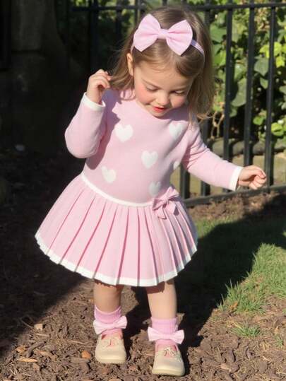 SHEIN Vestido de suéter con pliegues en el bajo y lazo, de estilo casual, elegante y lindo en color rosa, suave y cómodo, adecuado para uso diario, escenas y viajes para niña bebé