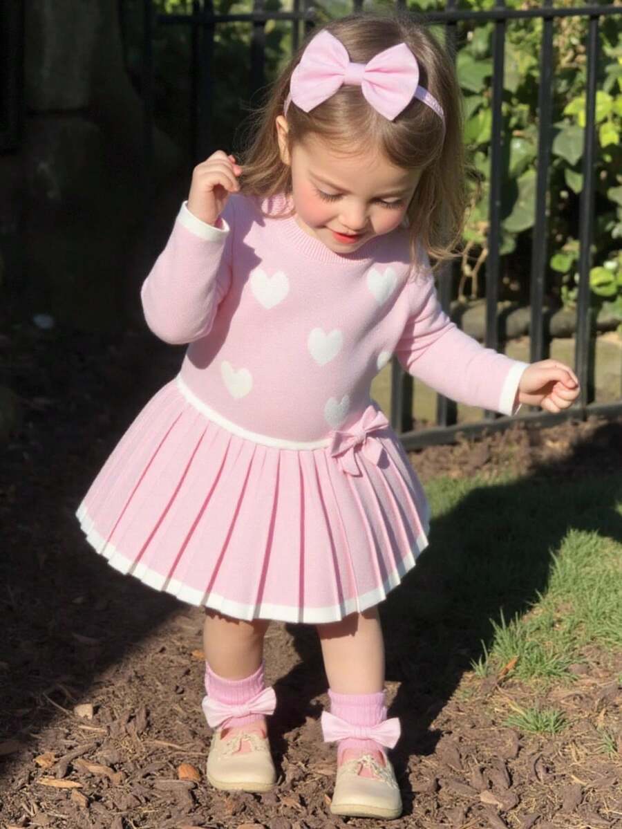 SHEIN Vestido de suéter con pliegues en el bajo y lazo, de estilo casual, elegante y lindo en color rosa, suave y cómodo, adecuado para uso diario, escenas y viajes para niña bebé