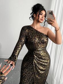 Elenzga Women's Elegant Leopard Print Metallic Fabric Long Sleeve Dress,Twist Waist Slit Party Dress,Black And Gold,Autumn,70's,Party,Rave Cleopatra Cheetah - Multicolor - View 5