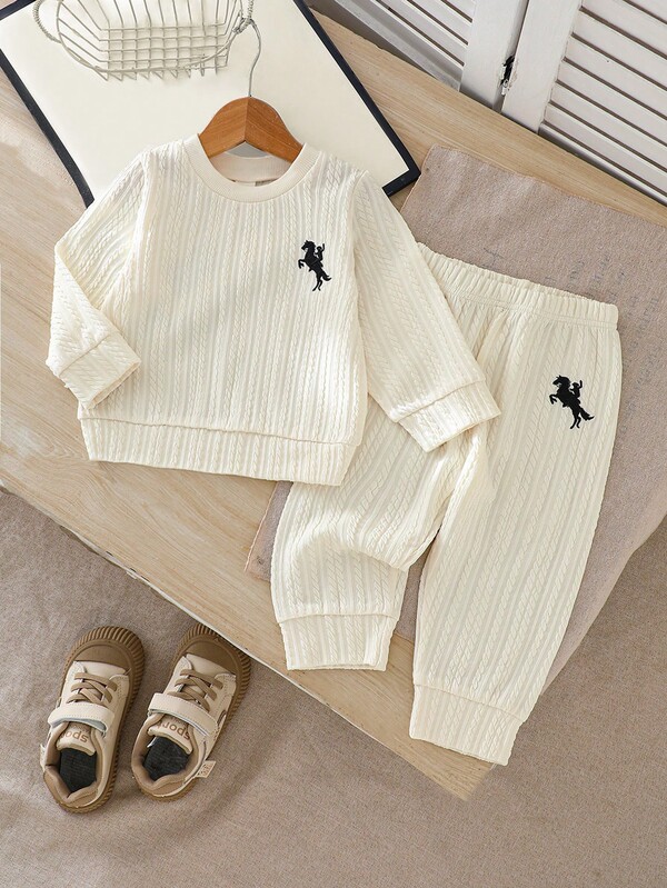 Set de 2 piezas de ropa para bebé niño con top de manga larga con textura jacquard bordado y pantalones de cintura elástica, cálido y cómodo para otoño/invierno, adecuado para uso diario casual, escuela, vacaciones, fiestas, actividades al aire libre, de 6 meses a 3 años, conjunto infantil