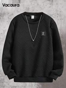 SHEIN Tween Boy Solid Round Neck Long Sleeve Sweatshirt With Emblem, Casual For Everyday Wear, School, Campus, College Chic Outfits For Autumn/Winter