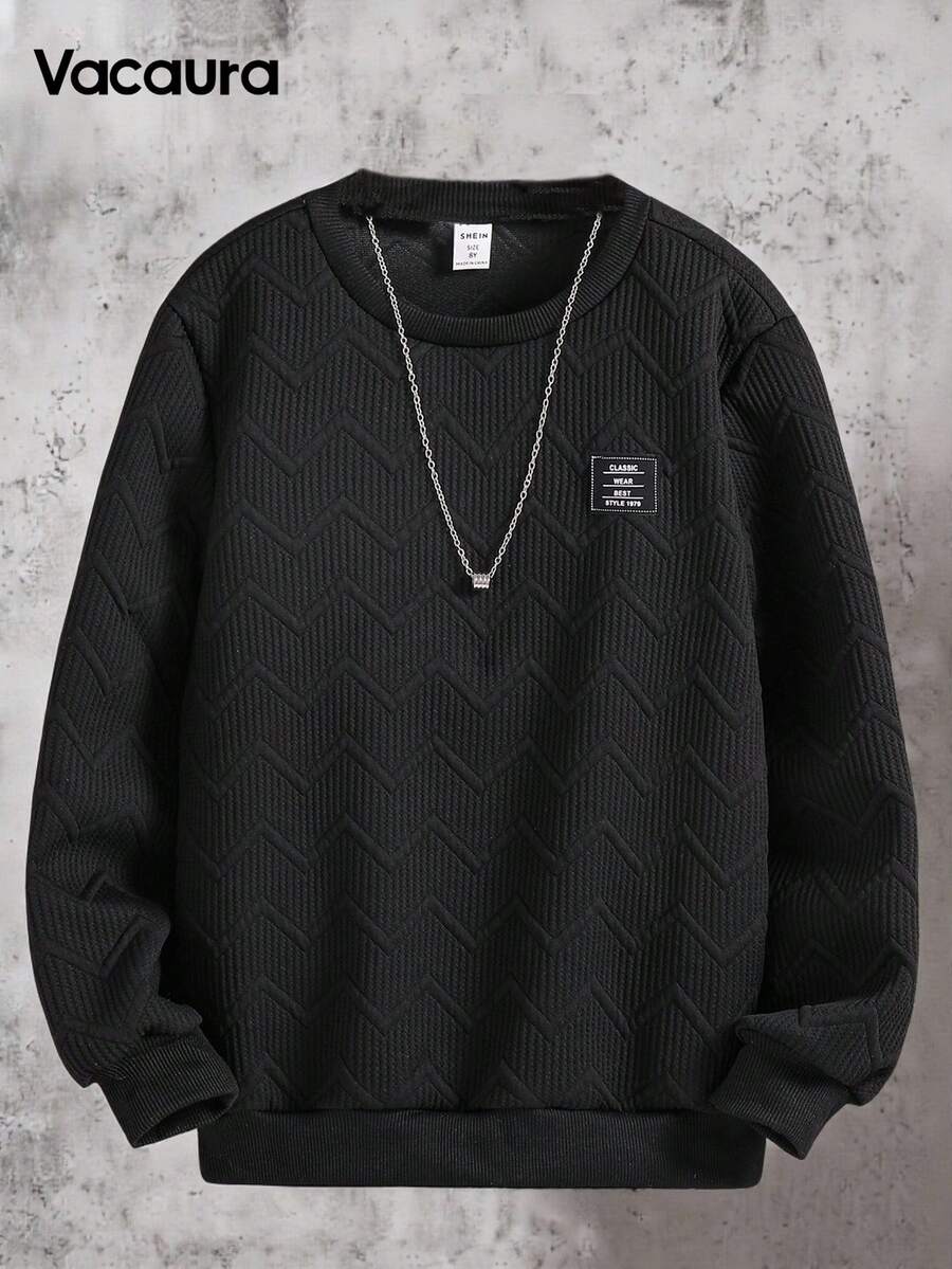 SHEIN Tween Boy Solid Round Neck Long Sleeve Sweatshirt With Emblem, Casual For Everyday Wear, School, Campus, College Chic Outfits For Autumn/Winter