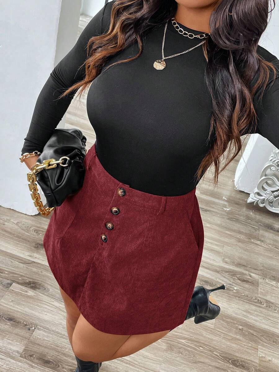 SHEIN LUNE Plus Size Solid Color Corduroy Casual Versatile Skirt With Belt Loop And Button Decor - Red Violet - View 1