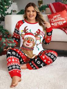 1 Set Plus Size Women Christmas Pajama Set White,Autumn,Family Matching Reindeer,Snowflake & Tree Print Long Sleeve Top And Pants Winter Clothes - متعدد الألوان - مشاهدة 1