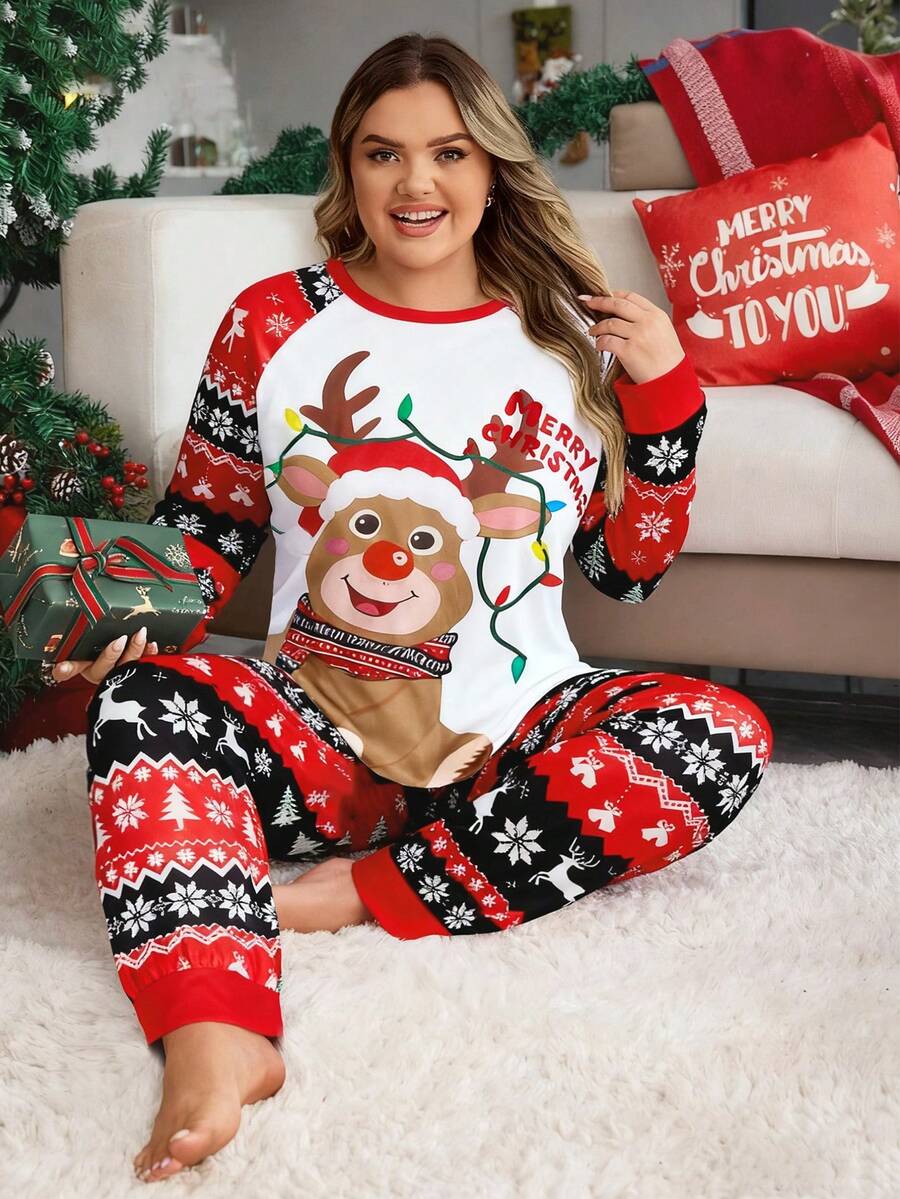 1 Set Plus Size Women Christmas Pajama Set White,Autumn,Family Matching Reindeer,Snowflake & Tree Print Long Sleeve Top And Pants Winter Clothes - متعدد الألوان - مشاهدة 1
