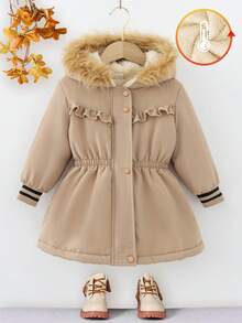 Young Girl Camel Thermal-Lined Hooded Cinched Waist Ribbed Cuff Knee-Length Padded Coat, Autumn/Winter Girls Winter Coat Girls Fall Coat Girls Faux Fur Hooded Coat Toddler Girl Winter Coat Girls Warm Winter Jacket - Camel - View 6