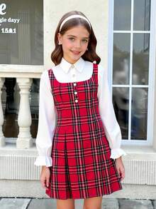 SHEIN Tween Girls' Vintage French Plaid Ruffle Trim Fitted Christmas Red Dress, Suitable For Christmas, Parties, Casual Wear, Autumn/Winter Fall - Red - View 9