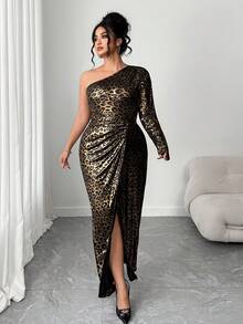 Elenzga Women's Elegant Leopard Print Metallic Fabric Long Sleeve Dress,Twist Waist Slit Party Dress,Black And Gold,Autumn,70's,Party,Rave Cleopatra Cheetah - Multicolor - View 7