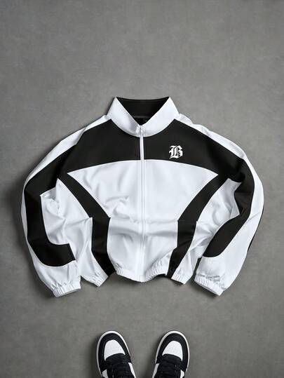 PAVTROS 男士休闲撞色字母印花拉链立领长袖夹克，秋季男士街头风拉链短款夹克，男士黑白短款拉链夹克运动外套