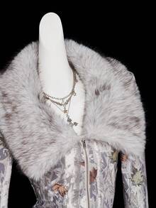SHEIN ICON Women's Leaf Print Fuzzy Collar Long Sleeve Regular Jacket - Multicolor - View 5