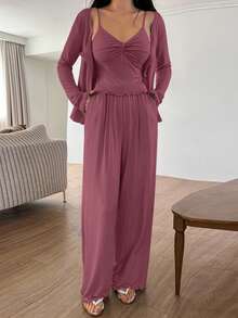 DAZY Conjunto de lencería de 3 piezas con top de tirantes, bata y pantalones en diseño de trenzado de punto de unicolor, ropa de invierno para mujer - Rosa coral - View 5