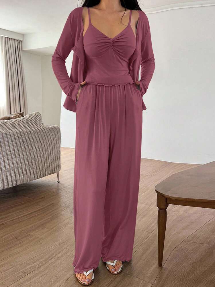 3pcs Solid Color Knit Twist Design Camisole Top & Robe & Pants Women Lounge Set, Winter Clothes