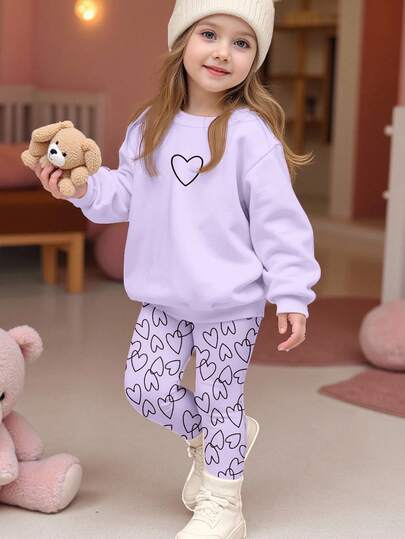 SHEIN 2pcs/Set Young Girl Casual Loose Fit Heart Pattern Round Neck Long Sleeve Sweatshirt And Leggings, Suitable For Autumn/Winter Winter Young Girls Sets Tween Girl Lavender Outfits Cozy And Cute Lavender Sweatshirt Kids Girls Comfy Set Sweatshirt Set For Girl