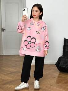 SHEIN 青少年女孩休闲运动学院街头涂鸦卡通英文口号印花宽松落肩超大长袖连帽衫和针织紧身慢跑裤 2 件套 - 淺粉色 - 查看 3