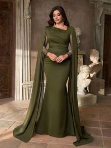 Aureia Vestido de Festa Elegante e Deslumbrante Verde com Stretch para Outono e Inverno, Tweed com Recortes em Chiffon, Gola Assimétrica Plissada, Mangas Longas, Bordado de Computador e Aplicação de Strass, Bainha Sereia com Cauda, Adequado para Jantar, Despedida de Solteira, Encontro, Festa, Feriado, Aniversário, Casamento e Evento Noturno - Verde Militar - Visão 6