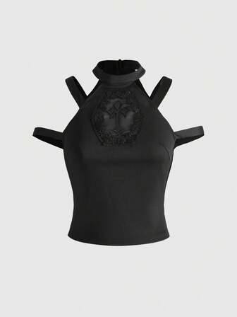 Goth Top da donna senza spalle, con motivo a luna cava e patch in rete, stile gotico