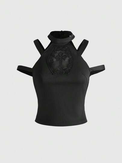 Goth Top sin hombros de mujer con parches de malla y luna hueca en estilo gótico