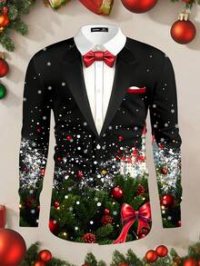 Manfinity AFTRDRK Cămașă cu mânecă lungă, croială slim, cu guler fals și imprimeu de castel de fulg de zăpadă de Crăciun, asortată pentru părinți și copii, pentru o atmosferă familială confortabilă