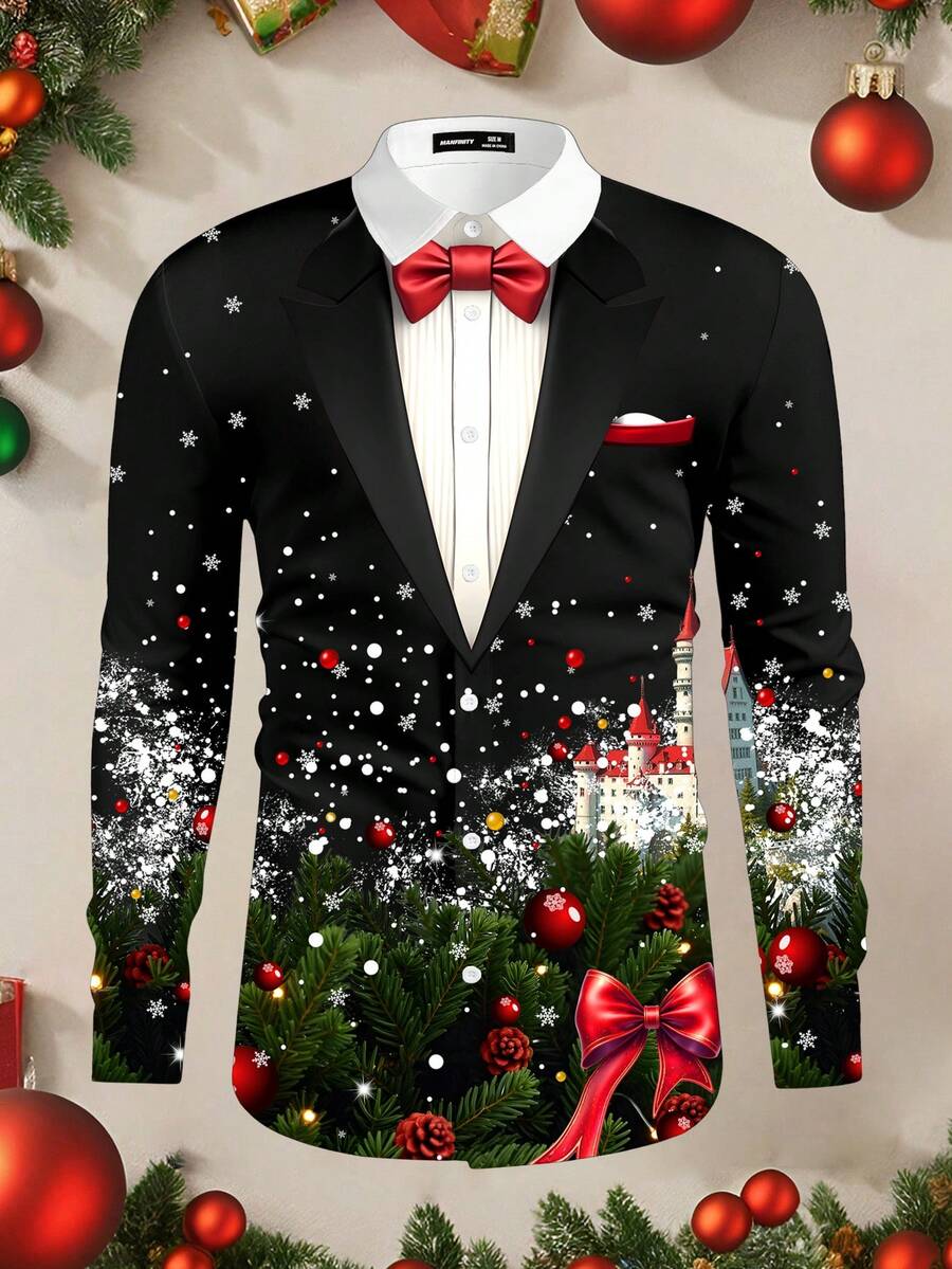 Manfinity AFTRDRK Cămașă cu mânecă lungă, croială slim, cu guler fals și imprimeu de castel de fulg de zăpadă de Crăciun, asortată pentru părinți și copii, pentru o atmosferă familială confortabilă
