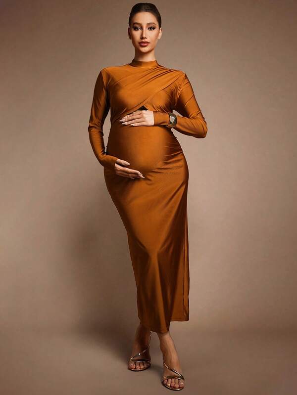 MaterniChic Autumn And Winter Elegant Solid Color Hollow Out Fitted Maternity Dress For Party Sexy Maternity Dress