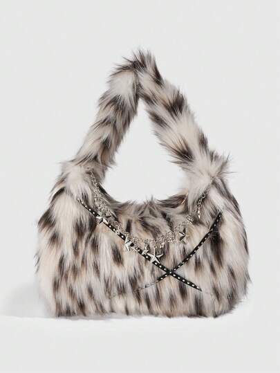 Grunge Punk 1pc Chic White Leopard Print Star Chain Decorated Handbag, A Winter And Autumn Plush Bag For The Armpit Area, Suitable For Pairing With A Clutch Bag At A Hot Girl Party Or Gathering