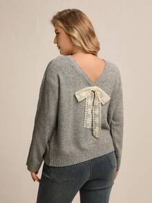 Juhart 女式 V 领蝴蝶结后背简约套头毛衣，休闲秋冬 - 灰色 - 查看 6