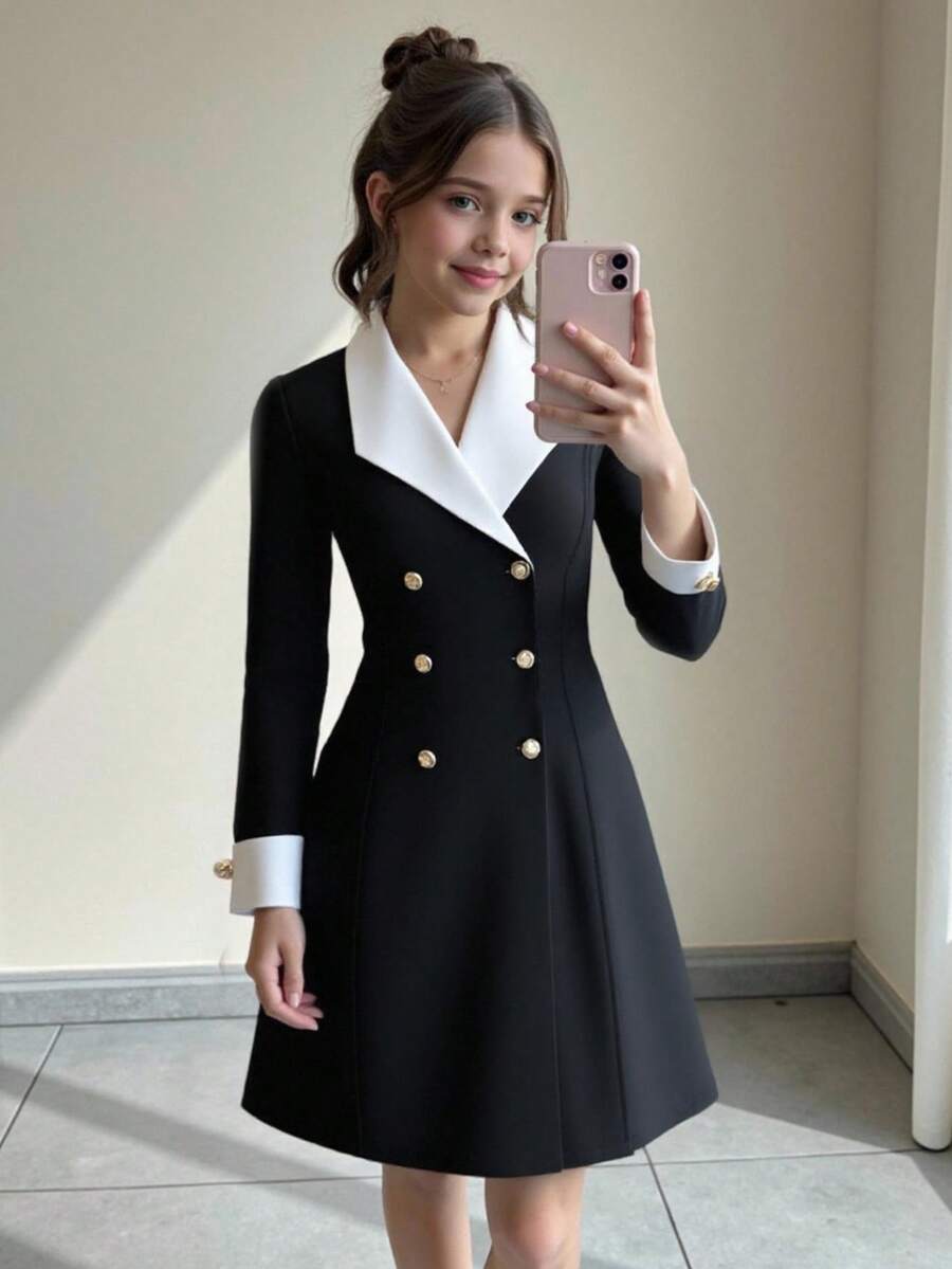 青少年女孩修身衬衫裙，带褶裙，长袖，休闲舒适 - 藏蓝色 - 查看 1