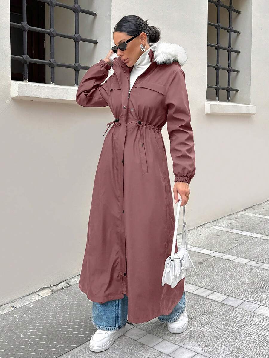 EURMUSE WOMAN BLACK OVERCOAT WITH FUR AND TEDDY LINING - Dusty Pink - View 1