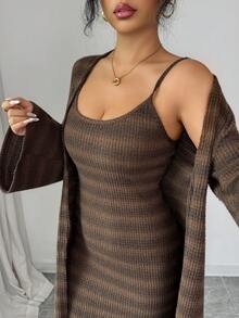 Modelyn 女士针织条纹开衫和吊带裙两件套，适合秋冬季外出约会 - 棕色 - 查看 3