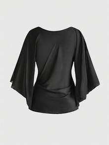 ROMWE Avant 女式复古 Y2K 朋克金属索环设计低胸领口开衩下摆修身透视性感喇叭袖上衣 - 黑色 - 查看 2