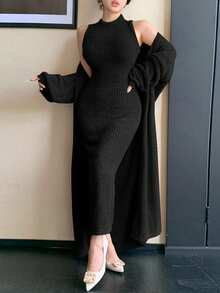 DAZY Set de 2 piezas de suéter tejido elegante marrón para mujer, otoño/invierno