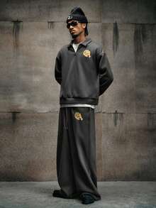 AXEPEAK Casual Street Style Hooded Jacket With Zipper And Elastic Waist Sweatpants, Loose Fit Thermal Lined Men's Tracksuit Set - Dark Grey - View 3