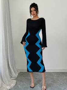Elenzga Vestido de punto elegante de manga larga y cuello redondo con rayas onduladas, ajustado, para mujer en otoño/invierno - Azul - Ver 5