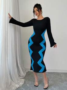 Elenzga Vestido de punto elegante de manga larga y cuello redondo con rayas onduladas, ajustado, para mujer en otoño/invierno - Azul - Ver 7