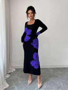 Elenzga Vestido de punto ajustado con cuello cuadrado y cintura de jacquard - azul real - Ver 4
