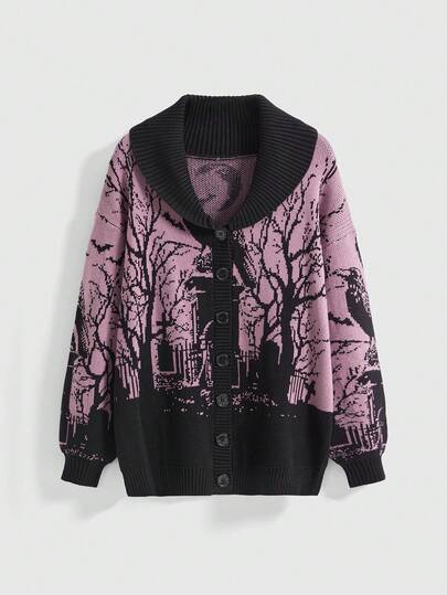 Gothic Raven Grave Moon Bat Branch Jacquard Knit Cardigan Sweater For Women, Warm Collar