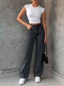 EURMUSE 100%Cotton Bleach Wash Straight Leg Jeans - Dark Grey - View 4
